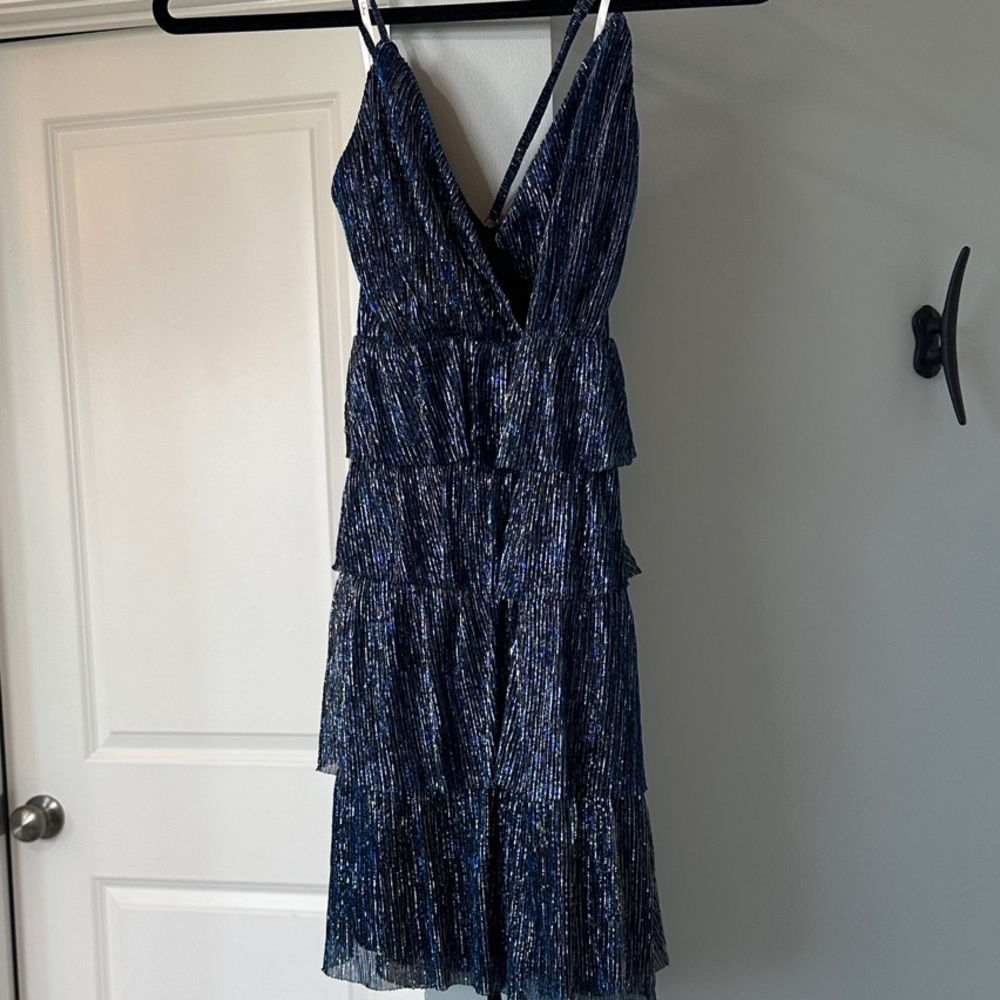 Lulu's Sparkly Blue silver Layered Mini strappy Dress XS EUC #hoco